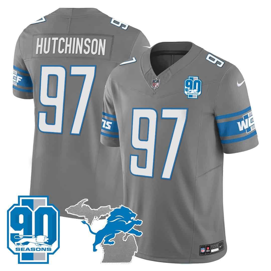 Men Detroit Lions #97 Hutchinson Grey 2024 Nike 90th Year Michigan Patch Vapor NFL Jersey